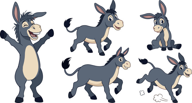 Cute Cartoon Donkey Character Set with Various Poses and Actions Including Running Sitting Walking and Celebrating Vector Illustration for Children Designs