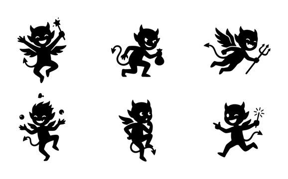 Cute Devil Icons Set, Cartoon Imp Characters, Mischievous Demon Silhouettes, Vector Graphics for Halloween