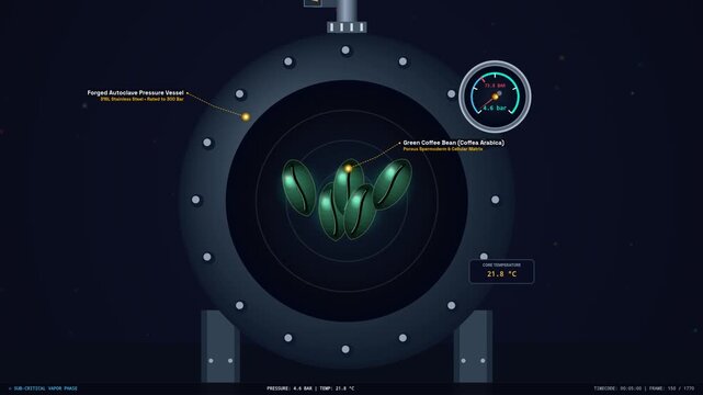 Educational 2D animation illustrating the industrial supercritical carbon dioxide decaffeination process of green coffee beans highlighting selective quadrupole affinity and molecular extraction