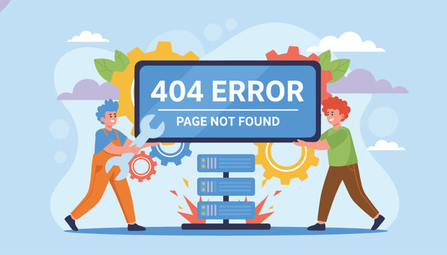 Two computer technicians resolving technical system issues with big banner showing four zero four error page not found.