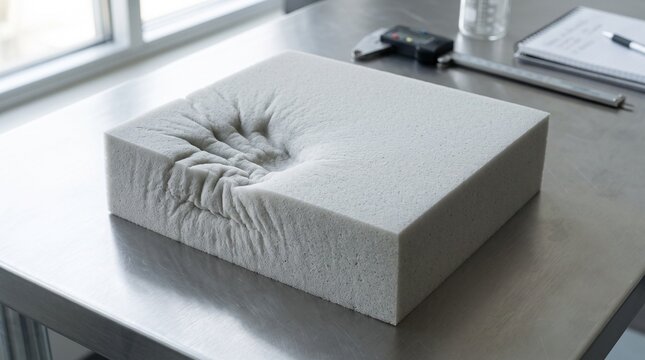 Light grey foam block with handprint impression for material density and tactile research.
