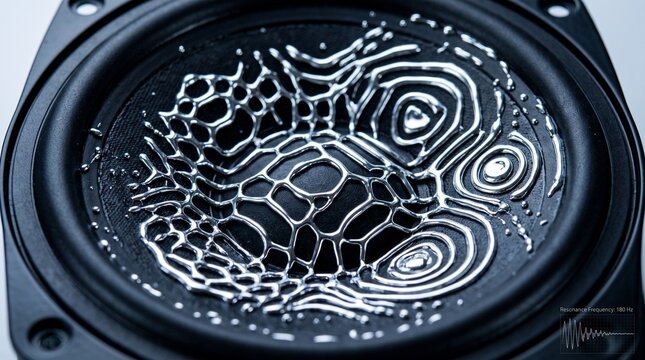 Metallic ferrofluid patterns on speaker driver for advanced audio resonance wave analysis.