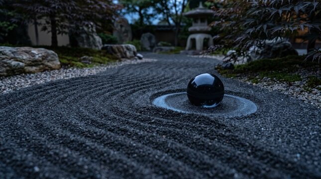 Dark polished stone sphere resting in center of raked sand patterns within japanese garden.