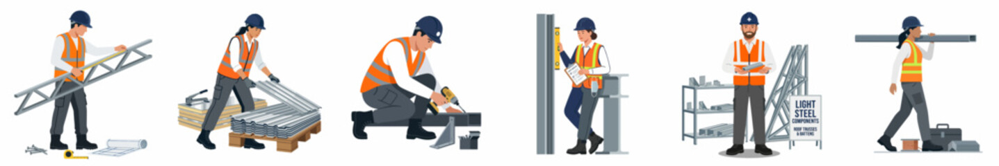 Fototapeta premium Collection of diverse construction workers in high-visibility safety vests and hard hats performing various building tasks, isolated vector illustration set.