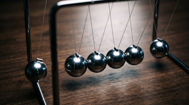 Newtons cradle metal balls swinging on wooden table demonstrating physics of momentum law.