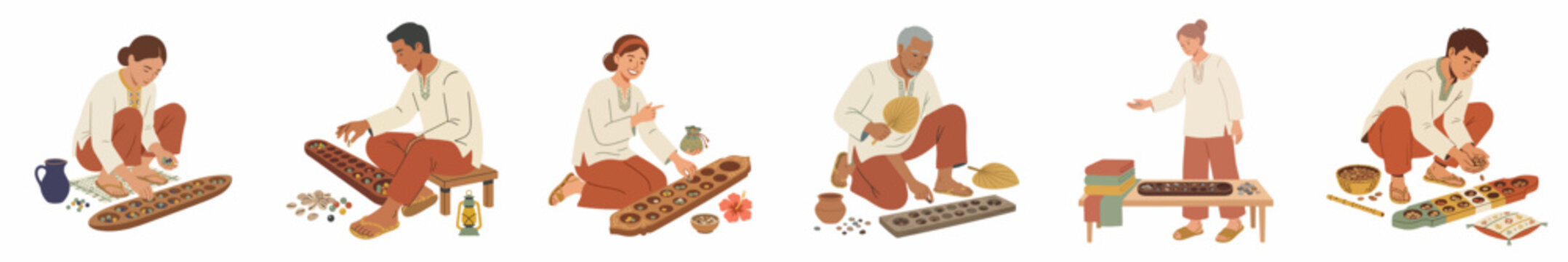 Diverse set of people playing Congkak, a traditional Southeast Asian mancala board game, illustrated in a clean, flat minimalist style.