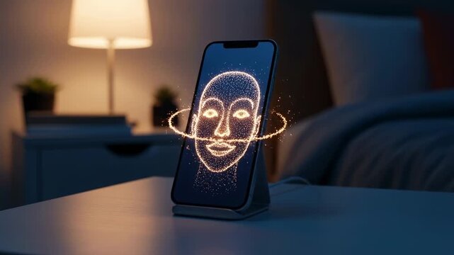 Modern smartphone on wireless charging stand with glowing futuristic holographic effects in cozy bedroom at night, warm ambient lighting
