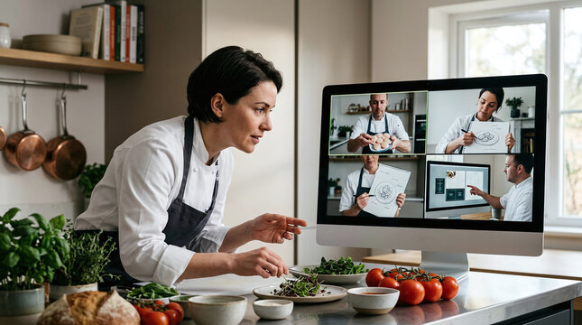 Professional female chef leading a virtual cooking masterclass online on computer