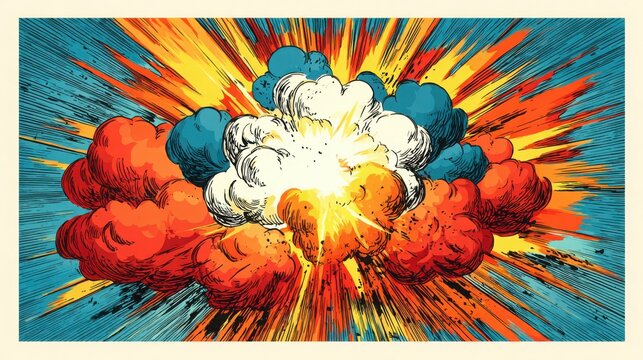 Vintage comic book explosion illustration with red orange and blue smoke clouds radiating energy with explosion with dynamic explosion