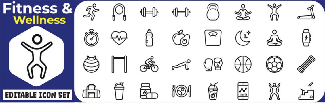 A diverse set of simple minimalist line art icons illustrating a range of fitness exercises and wellness activities