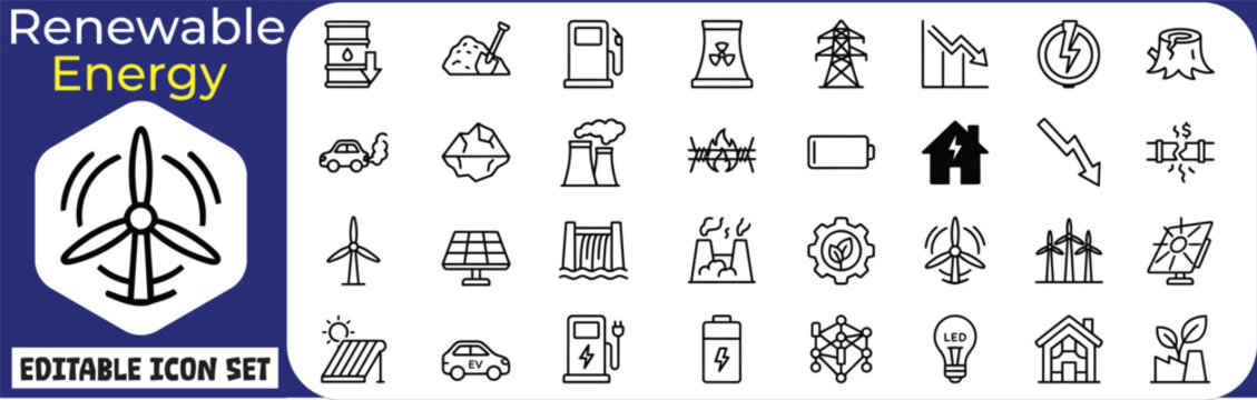 A diverse collection of renewable energy icons symbolizing sustainable power generation and worldwide environmental preservation initiatives