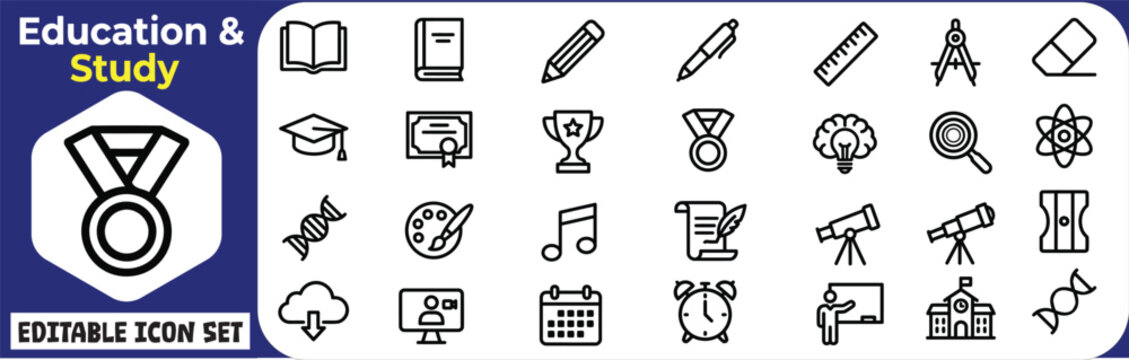 Collection of education and study related icons and symbols in a vintage style illustration