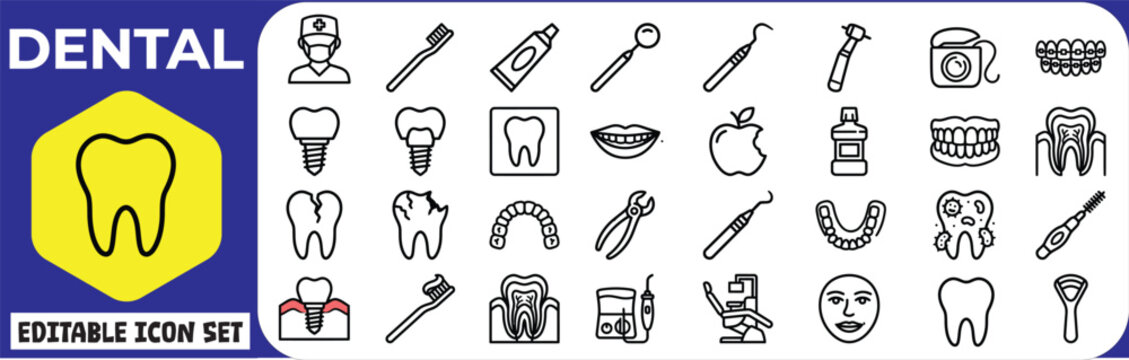 Vintage illustration of various dental tools and a tooth displayed on a blue background