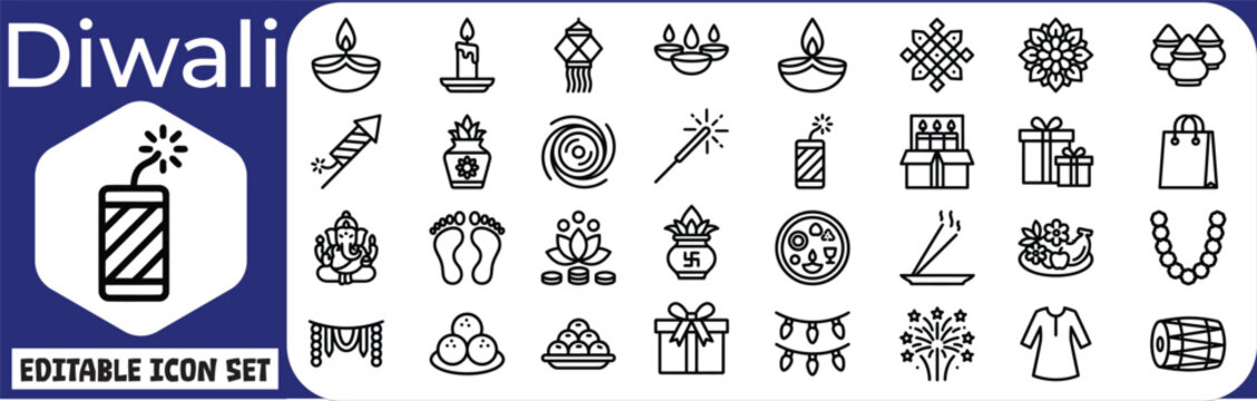 Collection of traditional indian diwali themed icons and illustrations for festive celebrations and designs