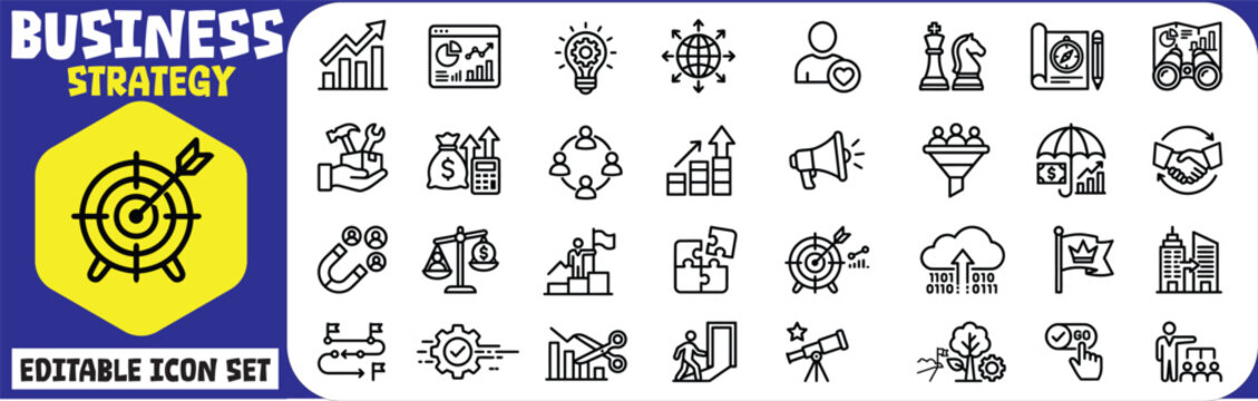 A diverse compilation of black silhouette icons illustrating ideas related to modern business technology and digital communication networks