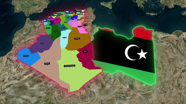3D Animated Map of Algeria and Libya Highlighting Provinces, Flag Overlays, and North Africa Borders
