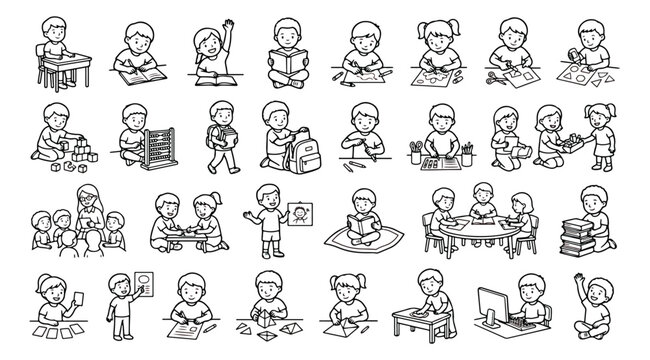 Hand drawn school children doodle set, 32 black and white line art icons of students learning, elementary education vector illustrations for coloring