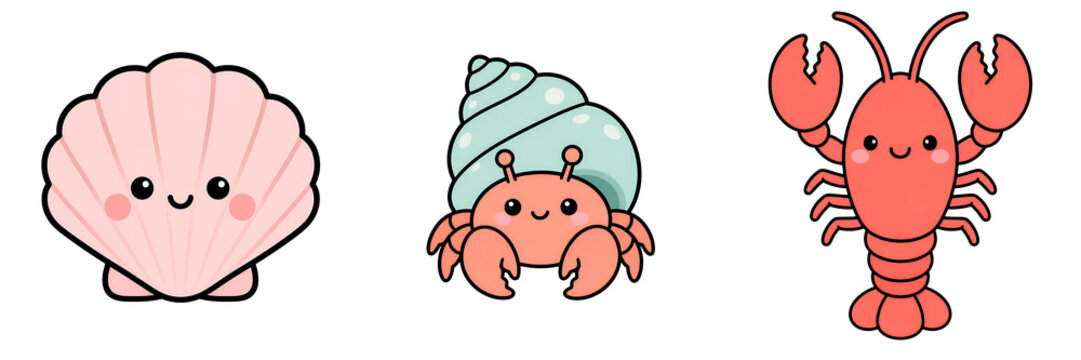 Cute seashell kawaii clam cartoon marine happy hermit crab pastel shell cute lobster kawaii crustacean ocean animal cute seashell kawaii clam