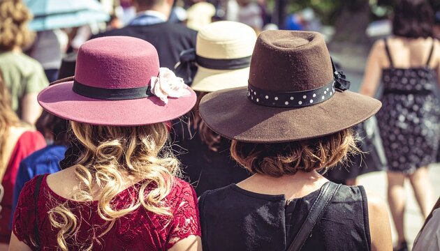 Elegant women showcasing stylish hats at a social gathering.