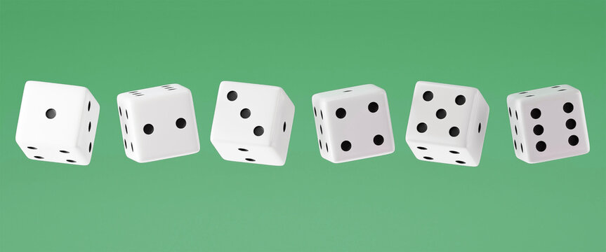 Six consecutive floating dice in a row on Cool Mint background. 6 White dices with Black dot. floating dices