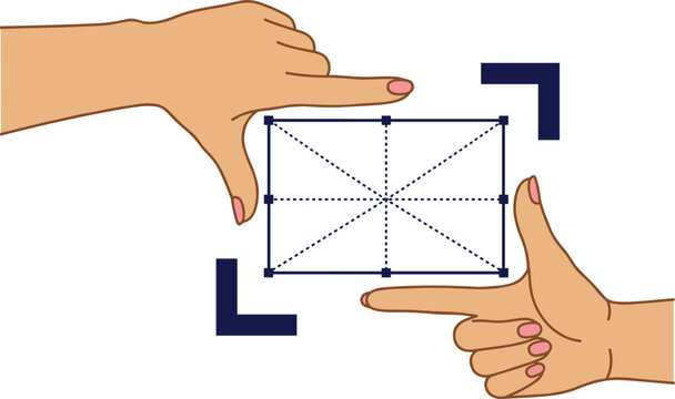Vector illustration of human hands making a crop frame gesture over a digital bounding box focusing on design photography and perspective framing concepts