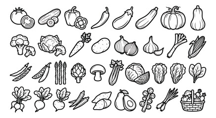 Obraz premium Minimalist vegetable line icons set, black and white organic food vector illustrations, 36 garden produce symbols for grocery and menu design