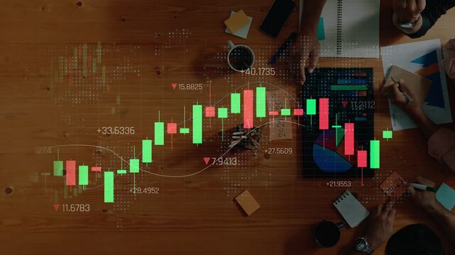 Financial Market Analysis with Stock Charts and Candlestick Patterns Captured from Above Featuring Business Meetings and Data Interpretation Sigmoid