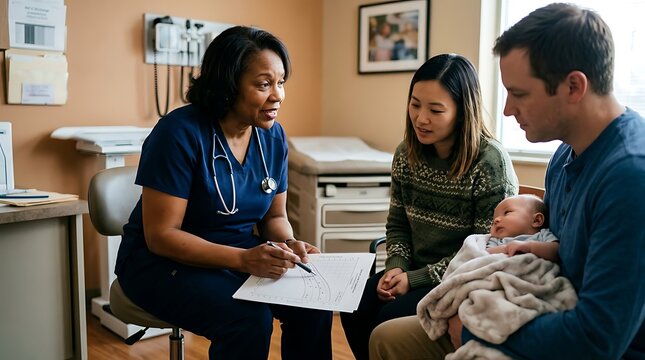 Female doctor explaining medical chart to parents with their baby