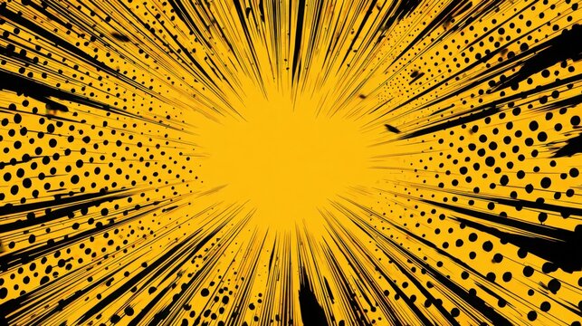 Abstract yellow comic book speed line background with black dots and radial motion effect for graphic design with patterns emanating center