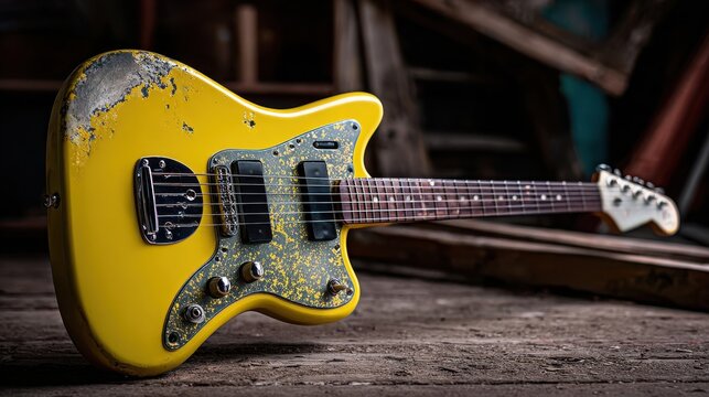 A distressed yellow electric guitar with a speckled pickguard rests on a rustic wooden floor with rests horizontally weathered
