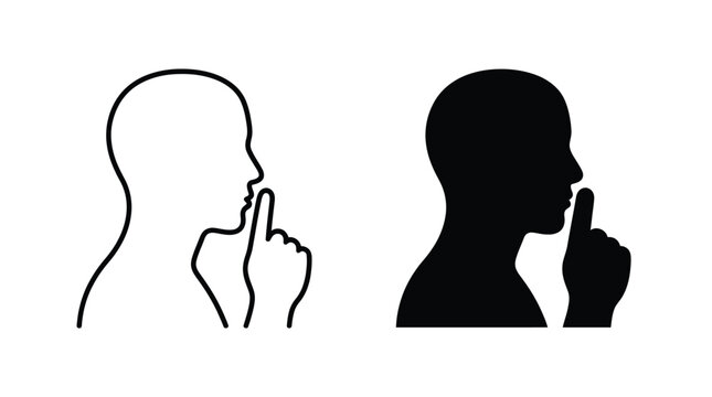 Human head silhouette vector illustration showing a finger on lips gesture for keeping secrets or asking for total silence