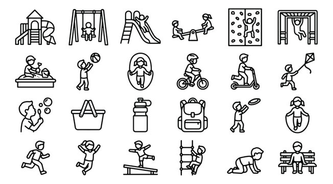 Outdoor playground icons set, 24 linear vector elements of children playing, kids park activities and school recess equipment line art