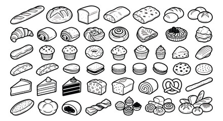 Fototapeta premium Minimalist bakery icons set, hand drawn bread and pastry vector illustrations, black and white outline doodle collection for cafe menus and food branding