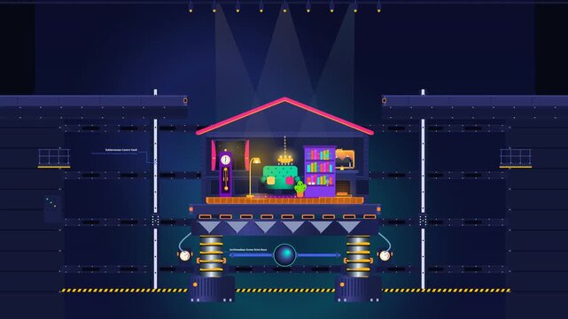 A detailed 2D animation of a subterranean stage mechanism, showcasing a theatrical set on a hydraulic lift system with technical labels like planetary reduction gearbox and optical laser alignment