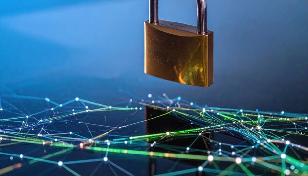 Gold padlock over digital network connection grid.