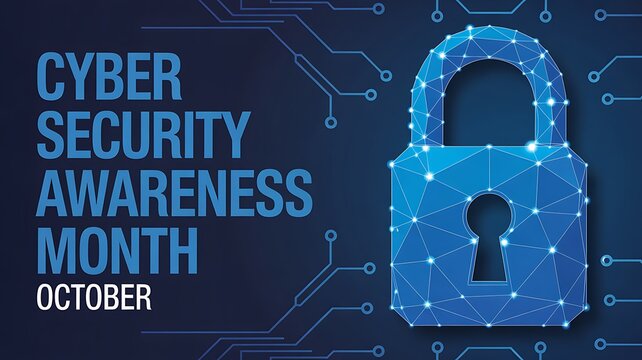 Cyber security awareness month with digital lock and circuit technology background