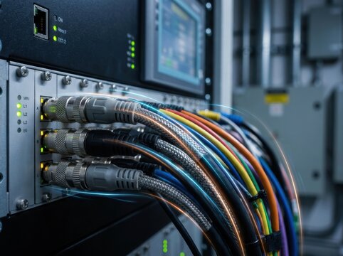 high voltage substation digital twin Network cables connected to a server rack with illuminated status indicators.