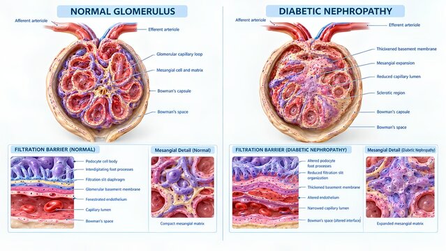 Professional medical educational illustration comparing a normal renal glomerulus with diabetic nephropathy, featuring realistic filtration barriers, capillary changes, mesangial expansion, podocyte a