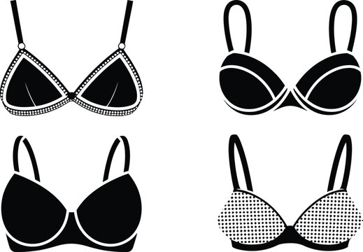 Collection of four different black bra silhouettes isolated on a white background, featuring various lingerie, styles including lace, polka dot, and, smooth cups