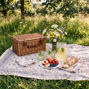Summer picnic basket and fresh food on a blanket in a sunny meadow