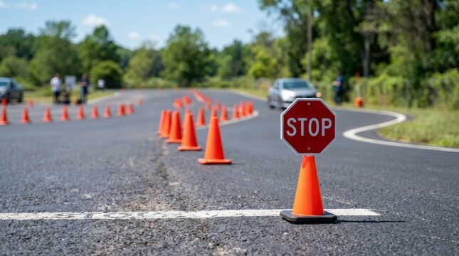 Preparation for a driver education exam on a training course with cones and a stop sign.