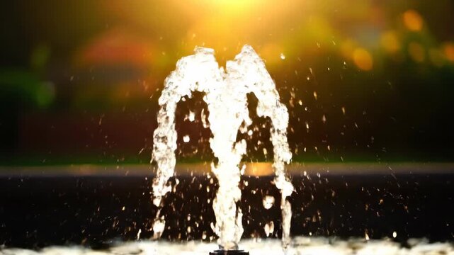 Water fountain spraying in sunlight while reflecting golden hour light and creating a peaceful mood