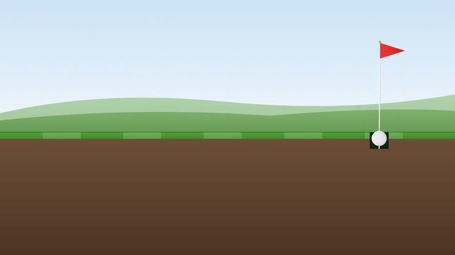 Golf ball rolling on green grass into a hole with a red flag. 4K Video
