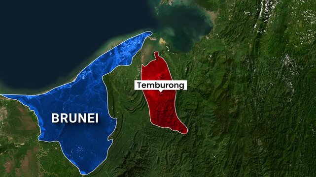 Satellite map footage showing brunei and temburong administrative divisions motion
