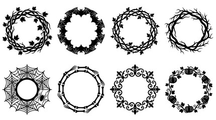 Fototapeta premium Halloween wreath set, spooky black borders and frames, vector isolated