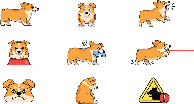 Angry and Aggressive Corgi Dog Character Vector Illustration Set with Bad Behavior Poses Including Barking Growling Leash Pulling and Warning Sign Graphic Designs