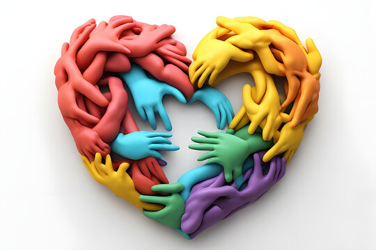 Colorful sculpted hands intertwine to form a vibrant heart shape, symbolizing community, diversity, support, and the powerful unity of human connection