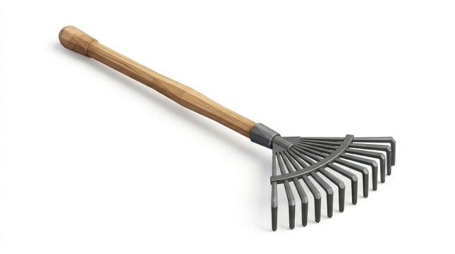 Wooden garden rake with metal tines resting on white background for outdoor landscaping tools