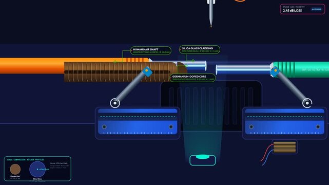 Fiber optic fusion splicing process animation showing microscopic alignment and high voltage plasma arc welding of germanium doped silica glass core for zero loss telecommunication data transmission