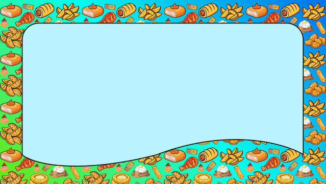 Cartoon food border frame with copy space, colorful fast food pattern background, vibrant restaurant menu template with snacks and pastries